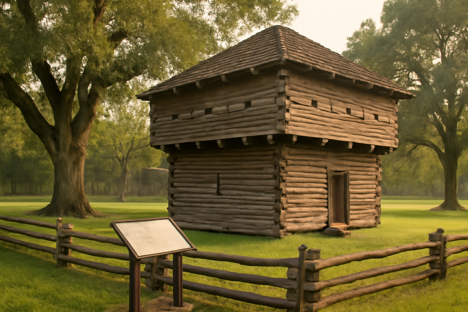 Historic fort grounds with wooden fencing and interpretive signage at a Louisiana living-history museum